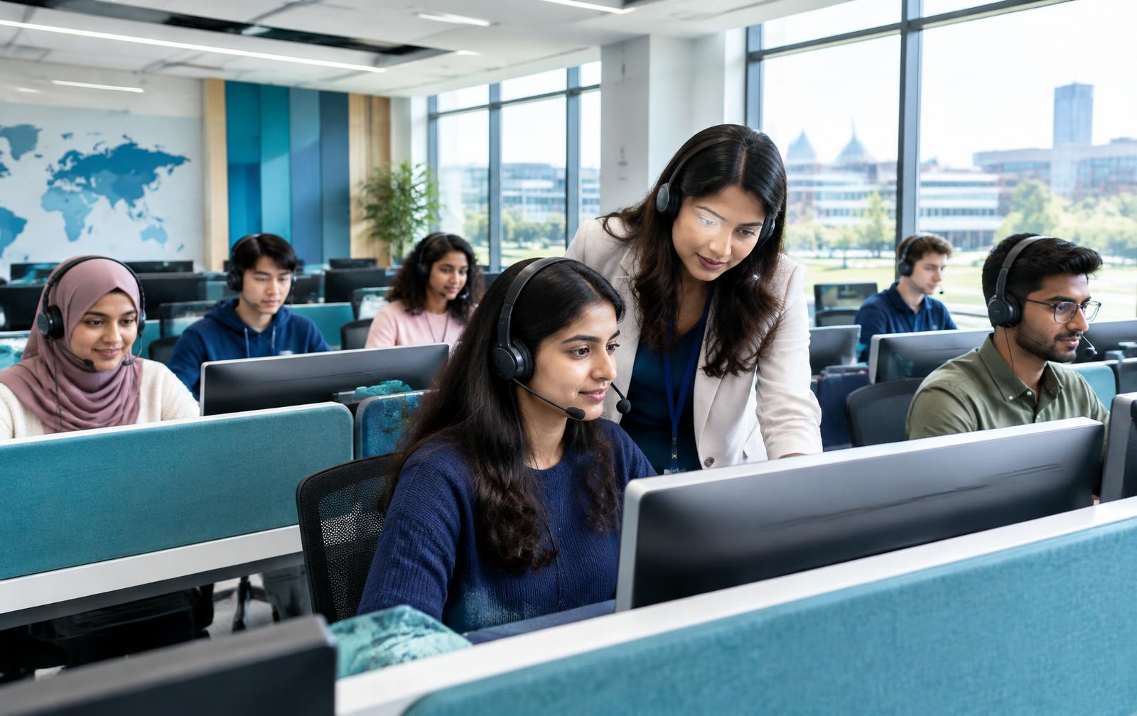 Modern university language lab with students at connected workstations